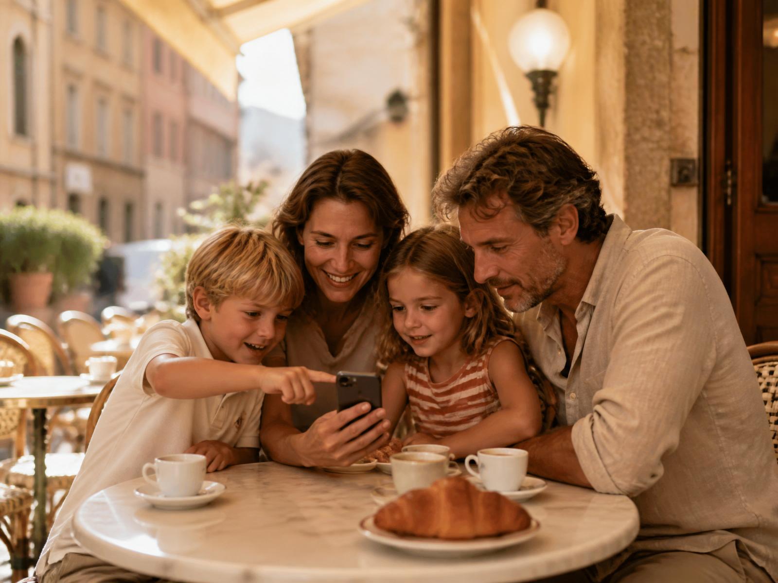 A group looking at a phone at a café